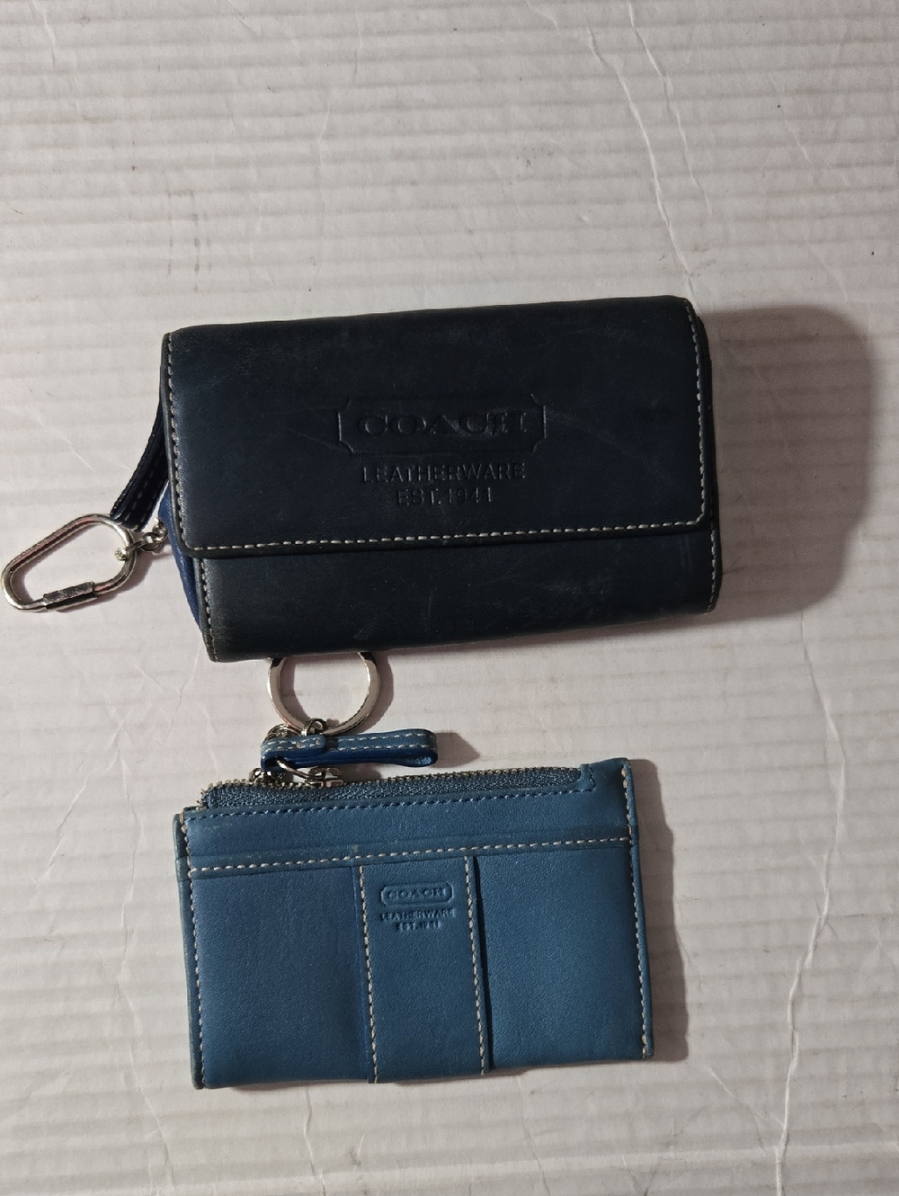 Coach Black Leather Wallet with Blue Zip Pouch Keychain